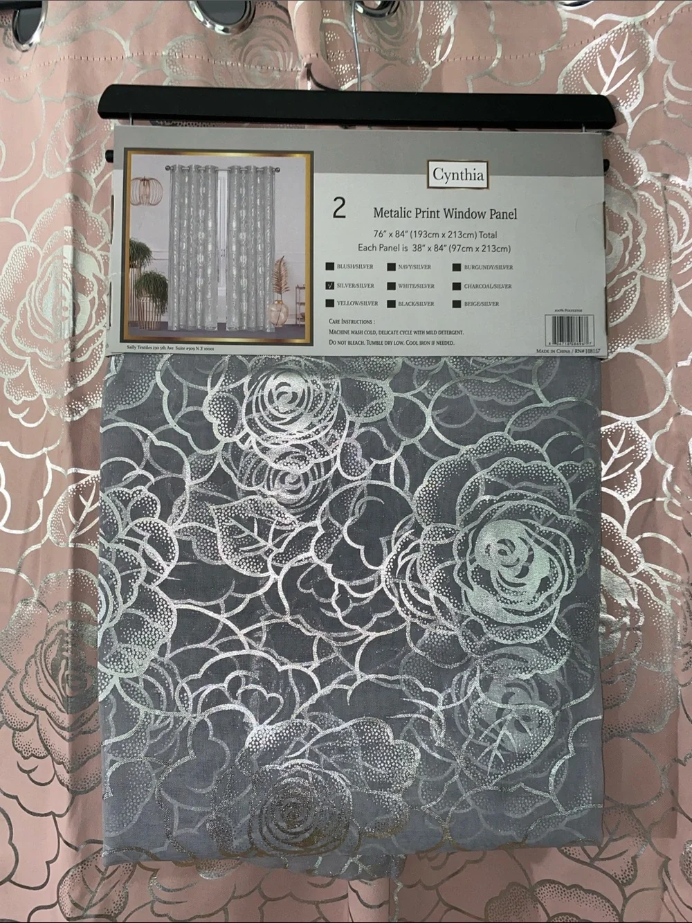 Cynthia Floral Rose Grommet Sheer Curtain Panel Pair Silver & Gray